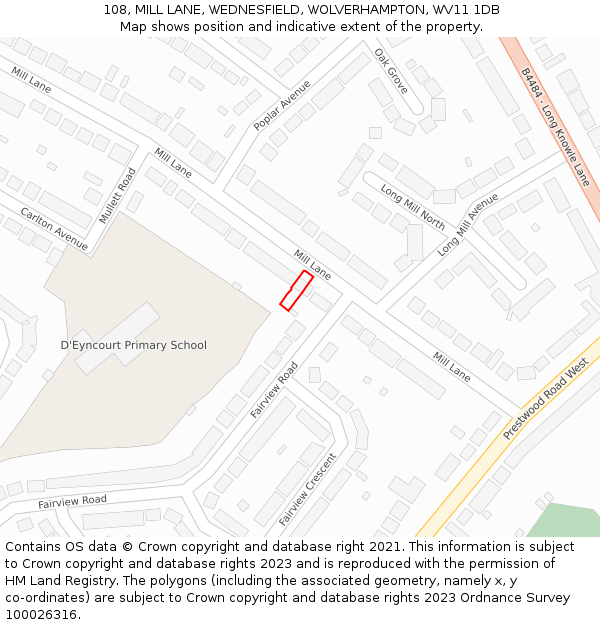 108, MILL LANE, WEDNESFIELD, WOLVERHAMPTON, WV11 1DB: Location map and indicative extent of plot