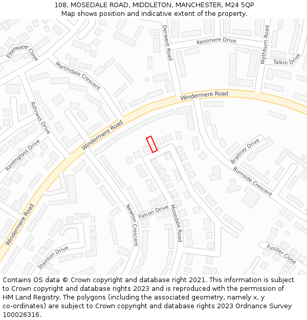 108, MOSEDALE ROAD, MIDDLETON, MANCHESTER, M24 5QP: Location map and indicative extent of plot