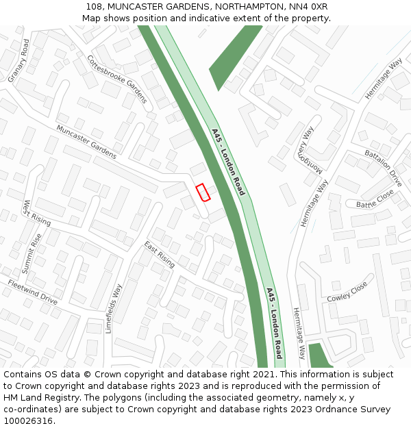 108, MUNCASTER GARDENS, NORTHAMPTON, NN4 0XR: Location map and indicative extent of plot