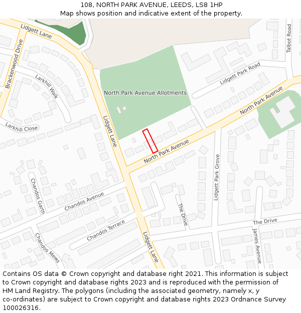 108, NORTH PARK AVENUE, LEEDS, LS8 1HP: Location map and indicative extent of plot