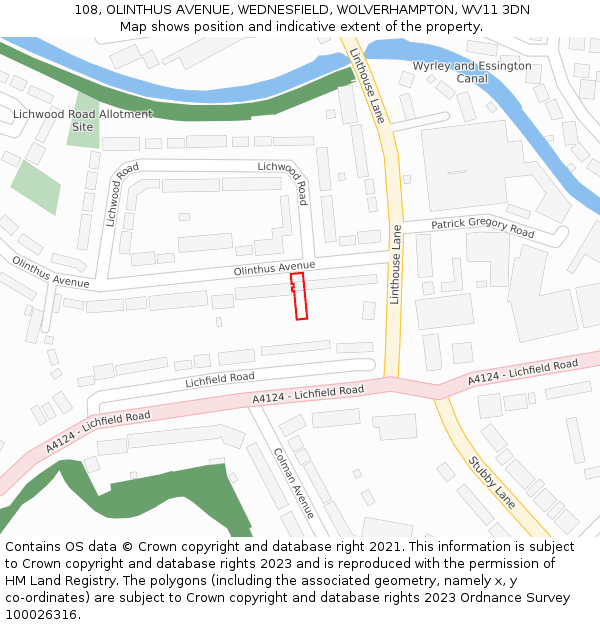 108, OLINTHUS AVENUE, WEDNESFIELD, WOLVERHAMPTON, WV11 3DN: Location map and indicative extent of plot