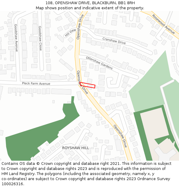 108, OPENSHAW DRIVE, BLACKBURN, BB1 8RH: Location map and indicative extent of plot