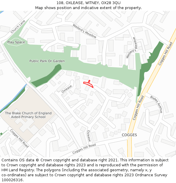 108, OXLEASE, WITNEY, OX28 3QU: Location map and indicative extent of plot