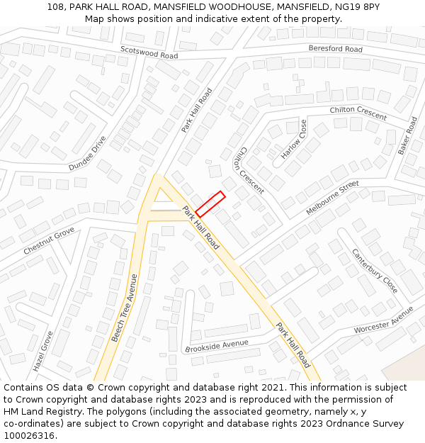 108, PARK HALL ROAD, MANSFIELD WOODHOUSE, MANSFIELD, NG19 8PY: Location map and indicative extent of plot