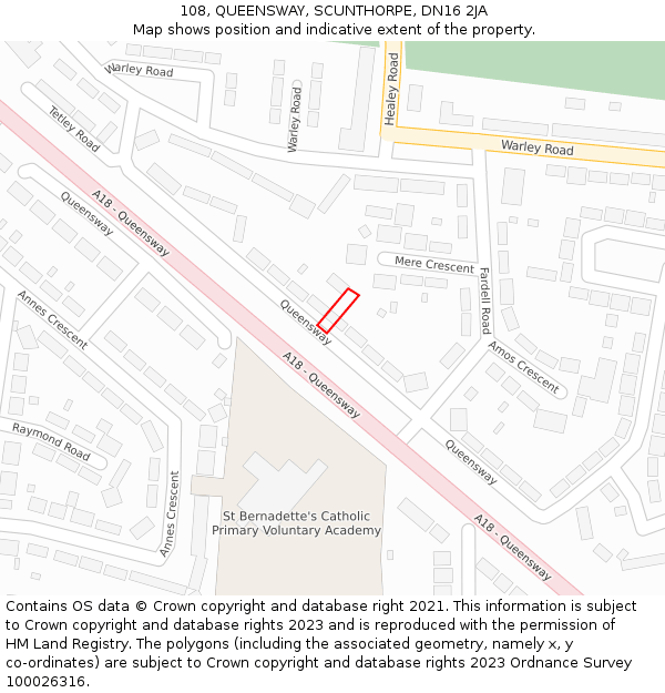 108, QUEENSWAY, SCUNTHORPE, DN16 2JA: Location map and indicative extent of plot