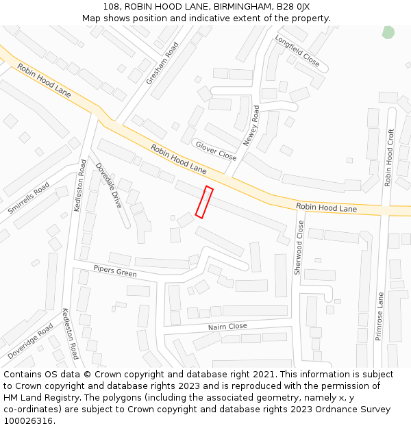 108, ROBIN HOOD LANE, BIRMINGHAM, B28 0JX: Location map and indicative extent of plot