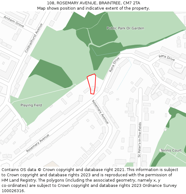 108, ROSEMARY AVENUE, BRAINTREE, CM7 2TA: Location map and indicative extent of plot