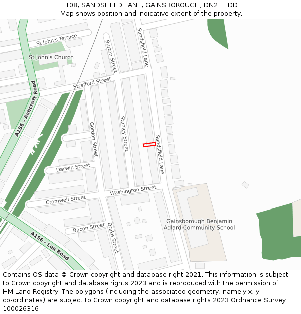 108, SANDSFIELD LANE, GAINSBOROUGH, DN21 1DD: Location map and indicative extent of plot