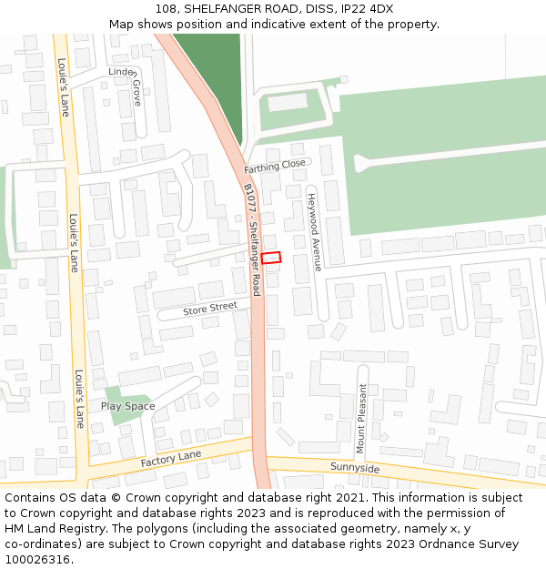 108, SHELFANGER ROAD, DISS, IP22 4DX: Location map and indicative extent of plot