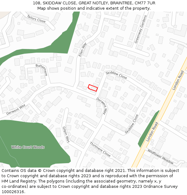 108, SKIDDAW CLOSE, GREAT NOTLEY, BRAINTREE, CM77 7UR: Location map and indicative extent of plot