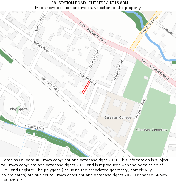 108, STATION ROAD, CHERTSEY, KT16 8BN: Location map and indicative extent of plot