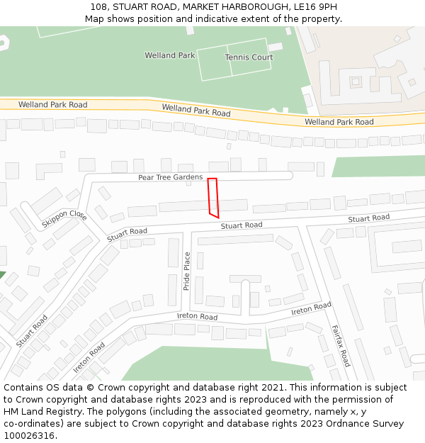108, STUART ROAD, MARKET HARBOROUGH, LE16 9PH: Location map and indicative extent of plot