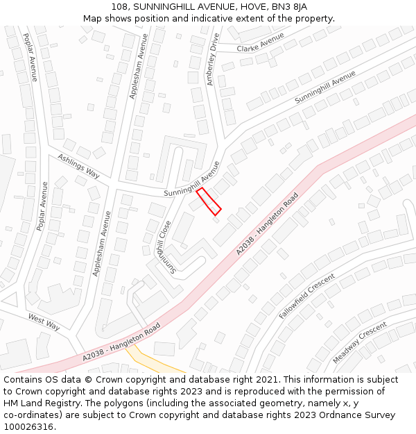 108, SUNNINGHILL AVENUE, HOVE, BN3 8JA: Location map and indicative extent of plot