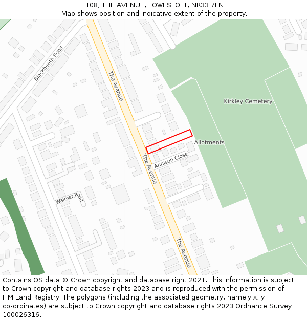 108, THE AVENUE, LOWESTOFT, NR33 7LN: Location map and indicative extent of plot