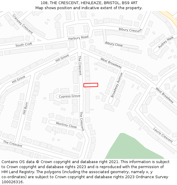 108, THE CRESCENT, HENLEAZE, BRISTOL, BS9 4RT: Location map and indicative extent of plot