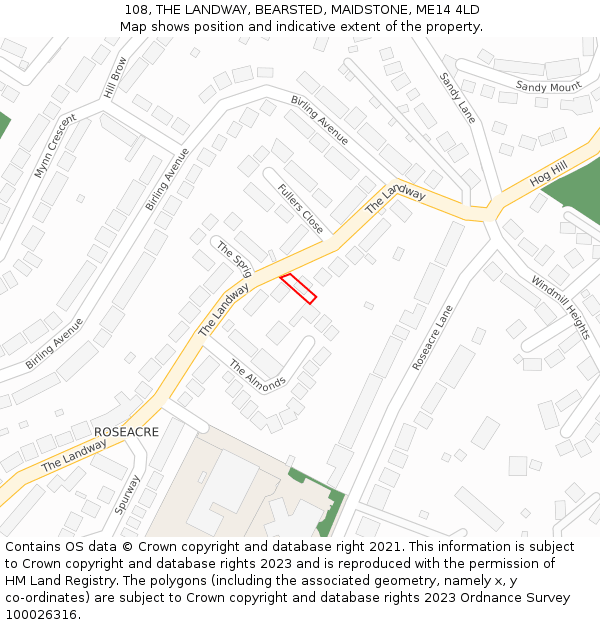 108, THE LANDWAY, BEARSTED, MAIDSTONE, ME14 4LD: Location map and indicative extent of plot