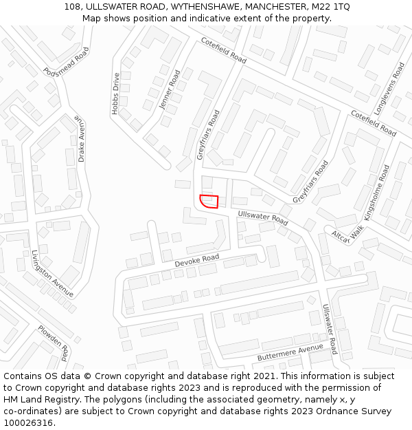 108, ULLSWATER ROAD, WYTHENSHAWE, MANCHESTER, M22 1TQ: Location map and indicative extent of plot