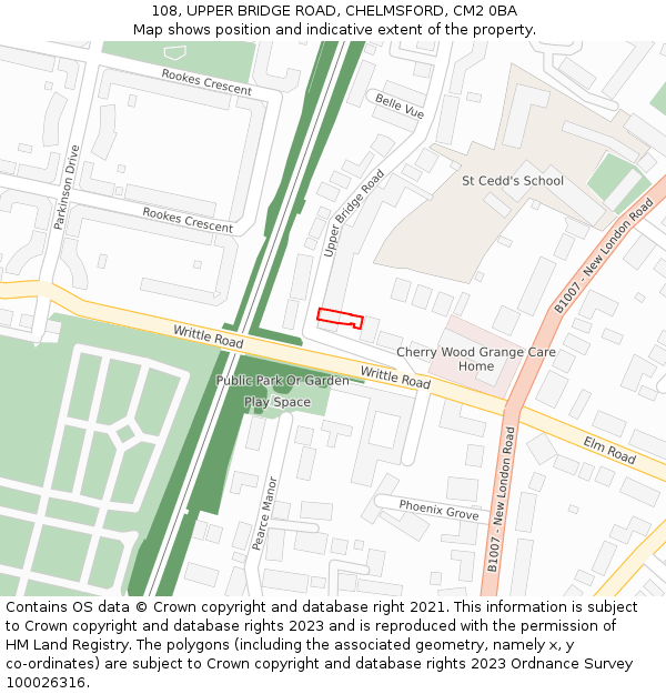108, UPPER BRIDGE ROAD, CHELMSFORD, CM2 0BA: Location map and indicative extent of plot