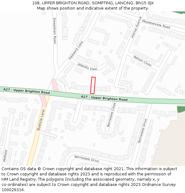 108, UPPER BRIGHTON ROAD, SOMPTING, LANCING, BN15 0JX: Location map and indicative extent of plot