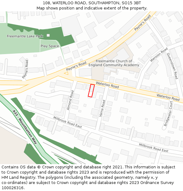 108, WATERLOO ROAD, SOUTHAMPTON, SO15 3BT: Location map and indicative extent of plot