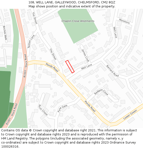 108, WELL LANE, GALLEYWOOD, CHELMSFORD, CM2 8QZ: Location map and indicative extent of plot