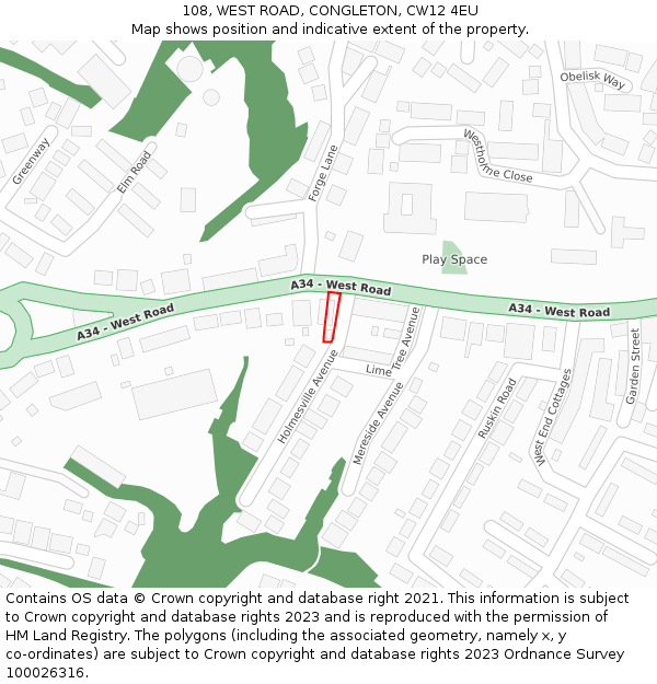 108, WEST ROAD, CONGLETON, CW12 4EU: Location map and indicative extent of plot