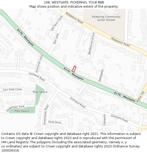 108, WESTGATE, PICKERING, YO18 8BB: Location map and indicative extent of plot