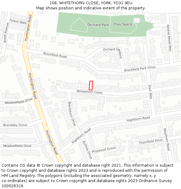108, WHITETHORN CLOSE, YORK, YO31 9EU: Location map and indicative extent of plot