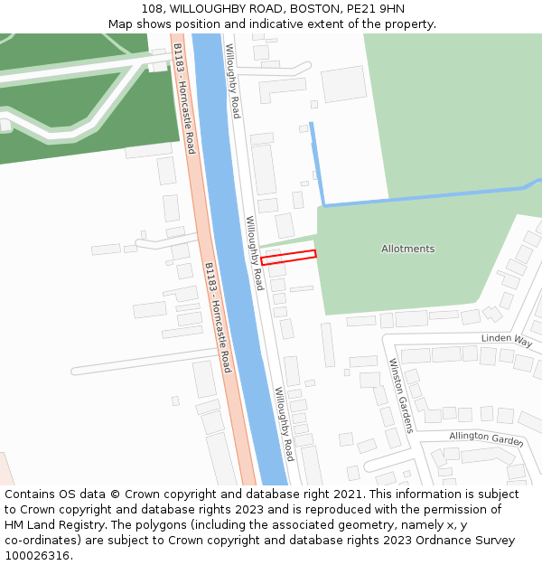 108, WILLOUGHBY ROAD, BOSTON, PE21 9HN: Location map and indicative extent of plot