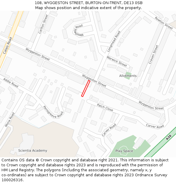 108, WYGGESTON STREET, BURTON-ON-TRENT, DE13 0SB: Location map and indicative extent of plot