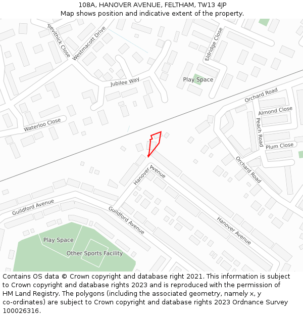 108A, HANOVER AVENUE, FELTHAM, TW13 4JP: Location map and indicative extent of plot