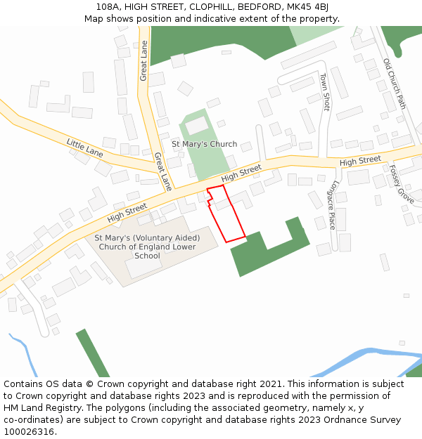 108A, HIGH STREET, CLOPHILL, BEDFORD, MK45 4BJ: Location map and indicative extent of plot