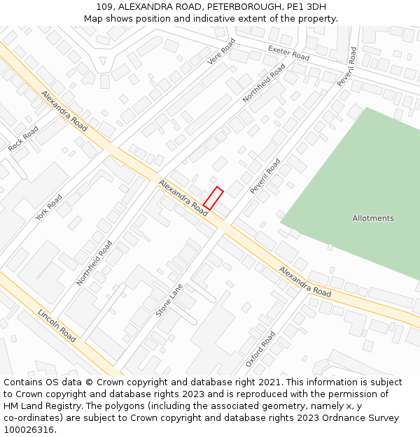 109, ALEXANDRA ROAD, PETERBOROUGH, PE1 3DH: Location map and indicative extent of plot