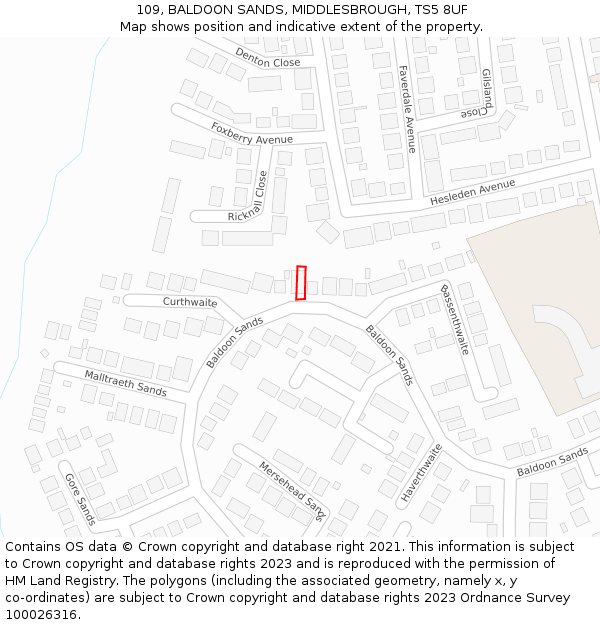 109, BALDOON SANDS, MIDDLESBROUGH, TS5 8UF: Location map and indicative extent of plot