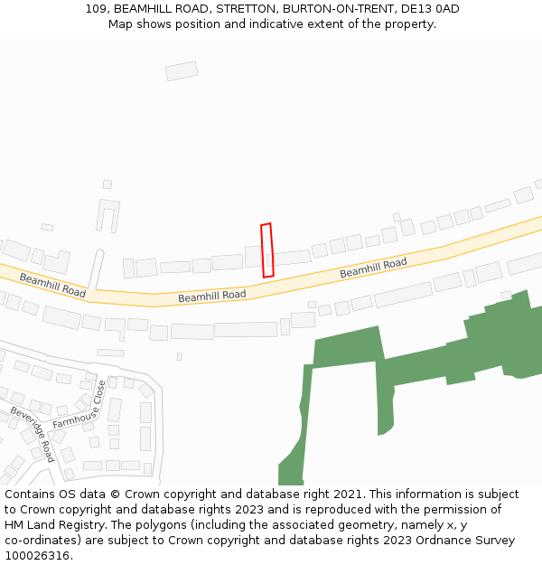 109, BEAMHILL ROAD, STRETTON, BURTON-ON-TRENT, DE13 0AD: Location map and indicative extent of plot