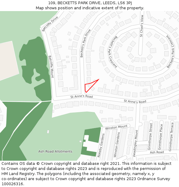 109, BECKETTS PARK DRIVE, LEEDS, LS6 3PJ: Location map and indicative extent of plot