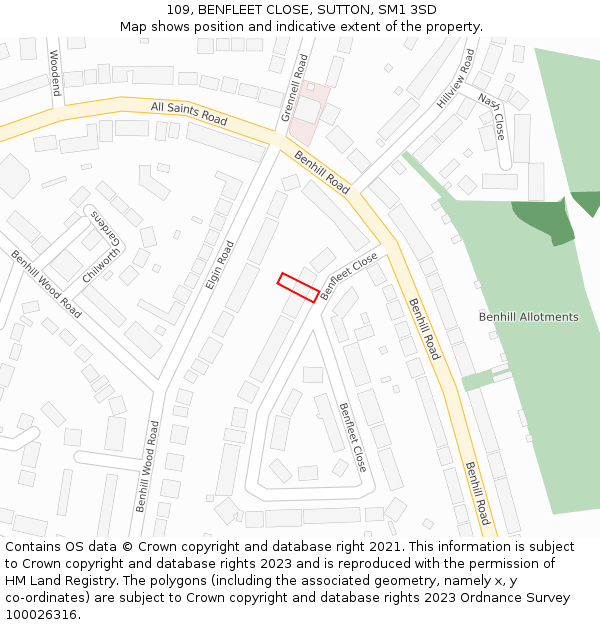 109, BENFLEET CLOSE, SUTTON, SM1 3SD: Location map and indicative extent of plot