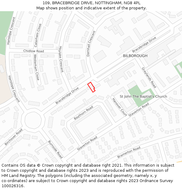 109, BRACEBRIDGE DRIVE, NOTTINGHAM, NG8 4PL: Location map and indicative extent of plot