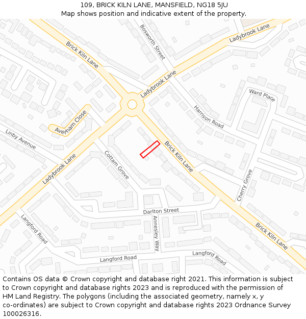 109, BRICK KILN LANE, MANSFIELD, NG18 5JU: Location map and indicative extent of plot
