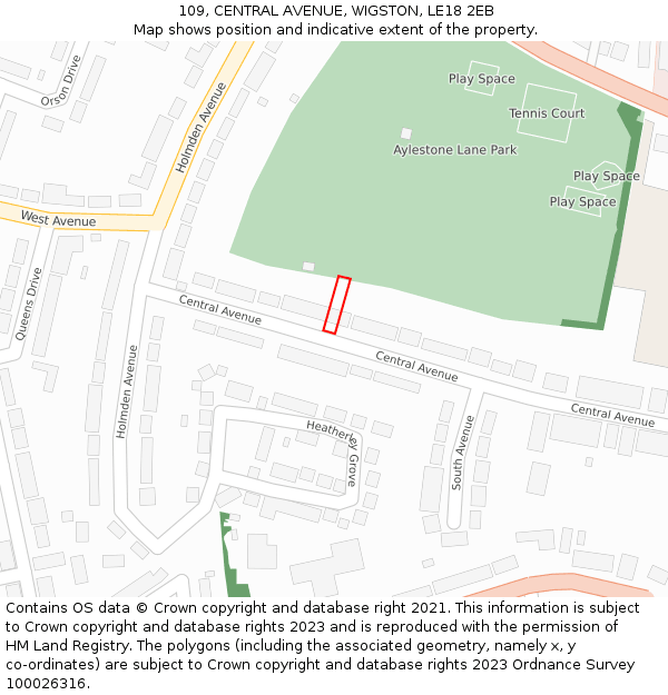 109, CENTRAL AVENUE, WIGSTON, LE18 2EB: Location map and indicative extent of plot