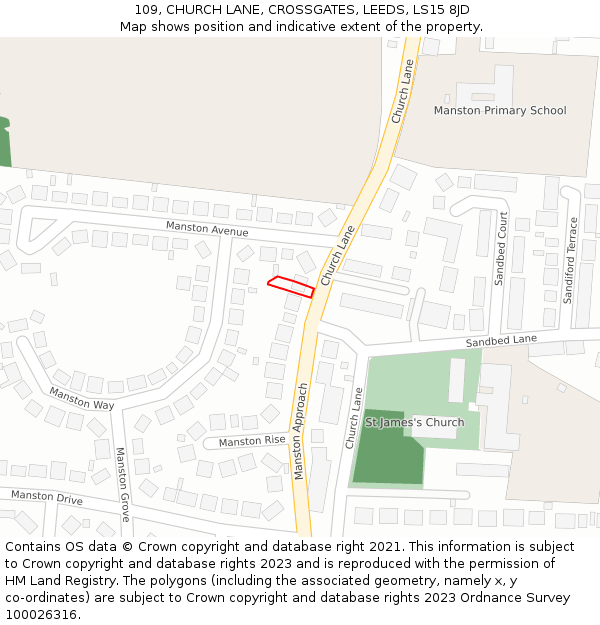109, CHURCH LANE, CROSSGATES, LEEDS, LS15 8JD: Location map and indicative extent of plot