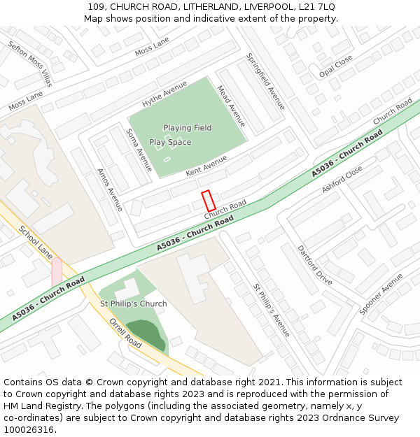 109, CHURCH ROAD, LITHERLAND, LIVERPOOL, L21 7LQ: Location map and indicative extent of plot