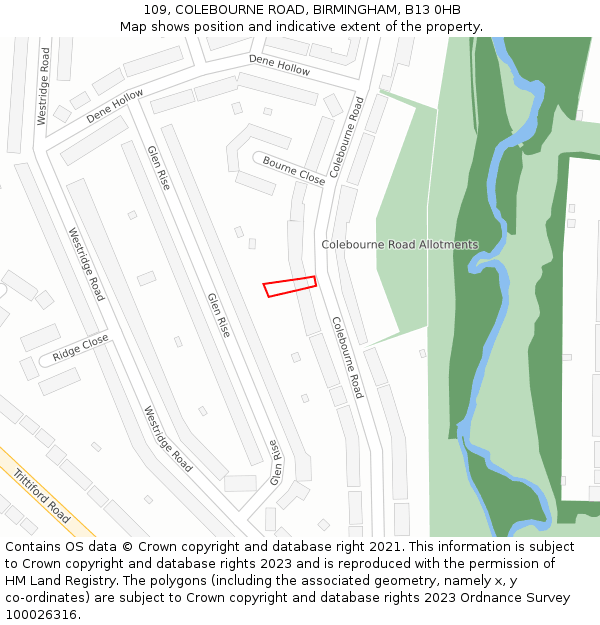 109, COLEBOURNE ROAD, BIRMINGHAM, B13 0HB: Location map and indicative extent of plot