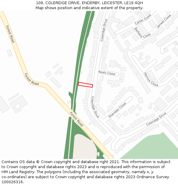 109, COLERIDGE DRIVE, ENDERBY, LEICESTER, LE19 4QH: Location map and indicative extent of plot