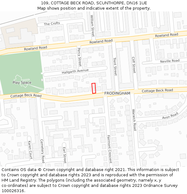 109, COTTAGE BECK ROAD, SCUNTHORPE, DN16 1UE: Location map and indicative extent of plot