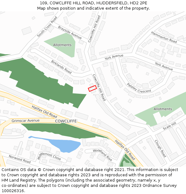 109, COWCLIFFE HILL ROAD, HUDDERSFIELD, HD2 2PE: Location map and indicative extent of plot