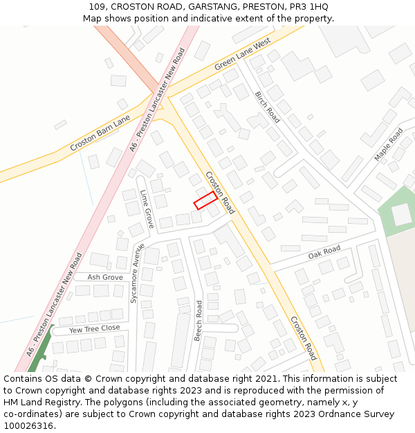 109, CROSTON ROAD, GARSTANG, PRESTON, PR3 1HQ: Location map and indicative extent of plot