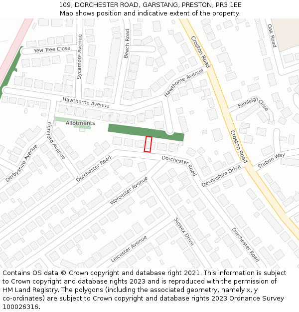 109, DORCHESTER ROAD, GARSTANG, PRESTON, PR3 1EE: Location map and indicative extent of plot