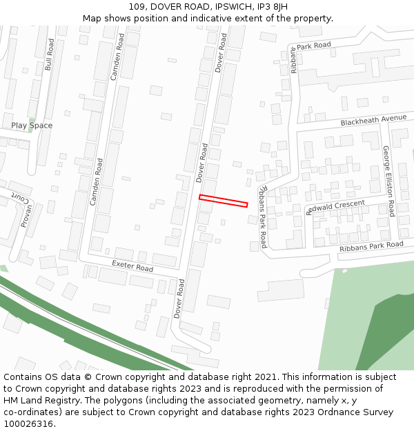 109, DOVER ROAD, IPSWICH, IP3 8JH: Location map and indicative extent of plot