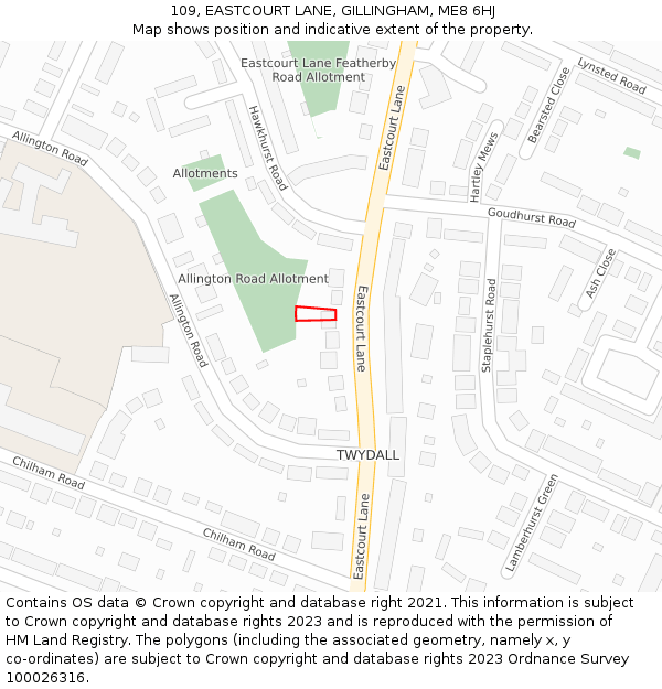 109, EASTCOURT LANE, GILLINGHAM, ME8 6HJ: Location map and indicative extent of plot